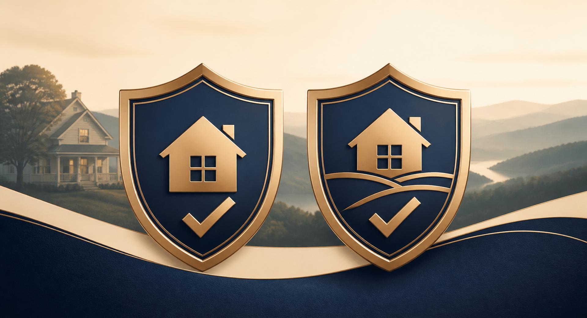 Two elegant gold and navy shield icons representing Standard and Enhanced title insurance protection, with a Tennessee home and rolling hills in the background.