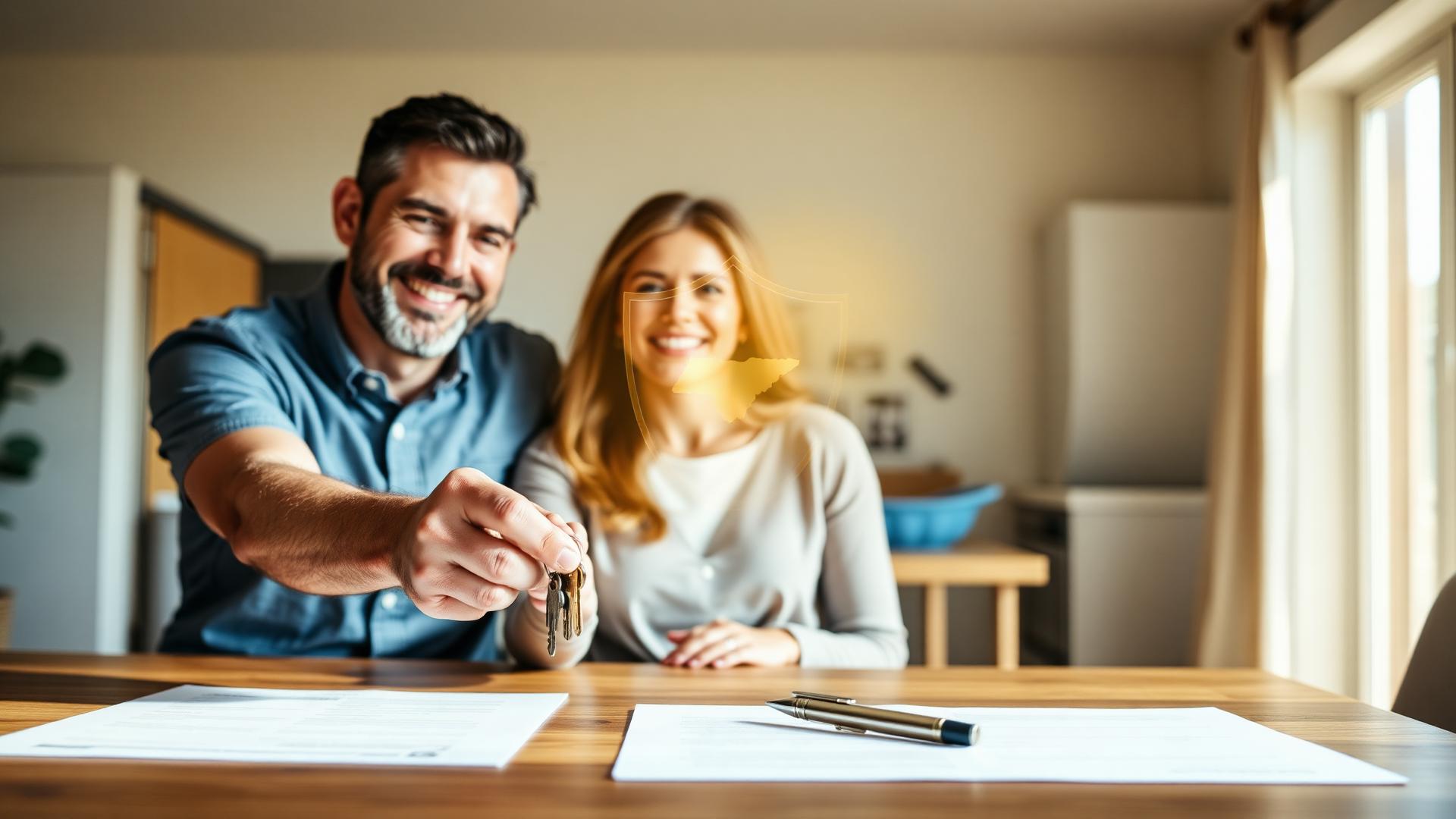 A smiling couple receives house keys at a closing table, with a warm golden shield symbolizing protection over a Tennessee home in the background.