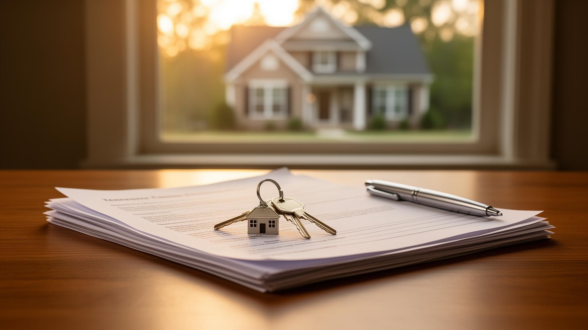 House keys and a pen resting on a stack of closing documents with a Tennessee home visible through a sunlit window.