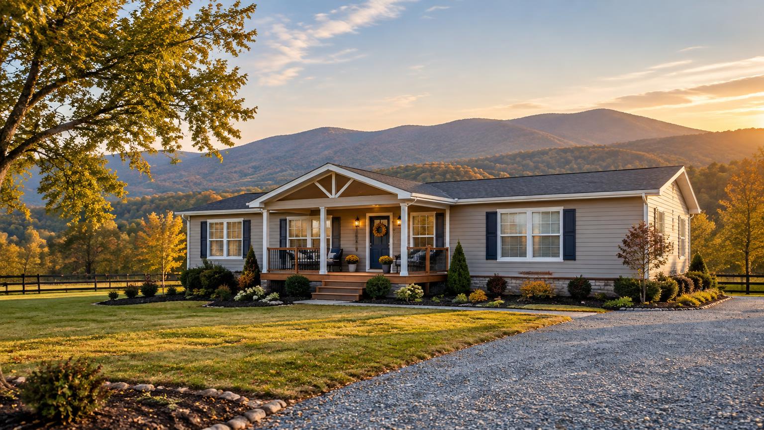 A well-maintained manufactured home on landscaped land in the East Tennessee foothills.